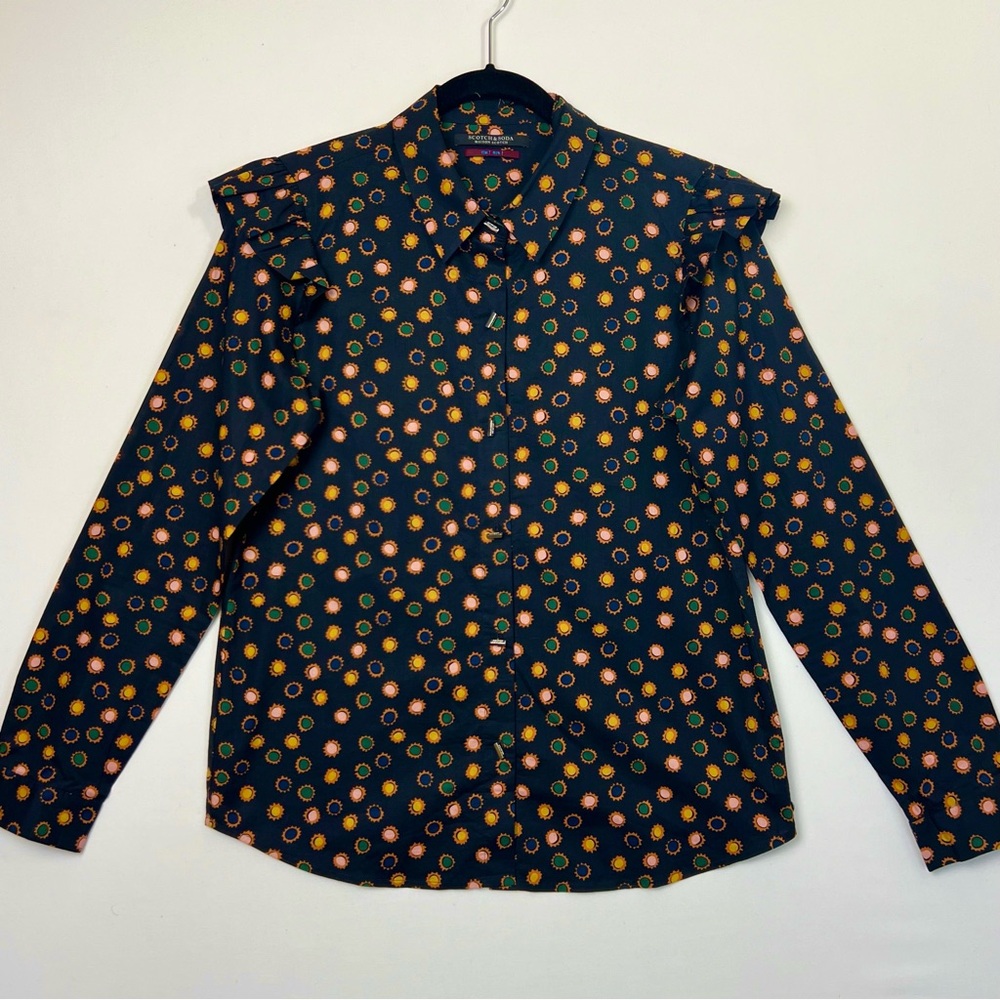 Scotch & Soda Black Button Down Shirt Ruffle Sleeve Casual Blouse size Medium